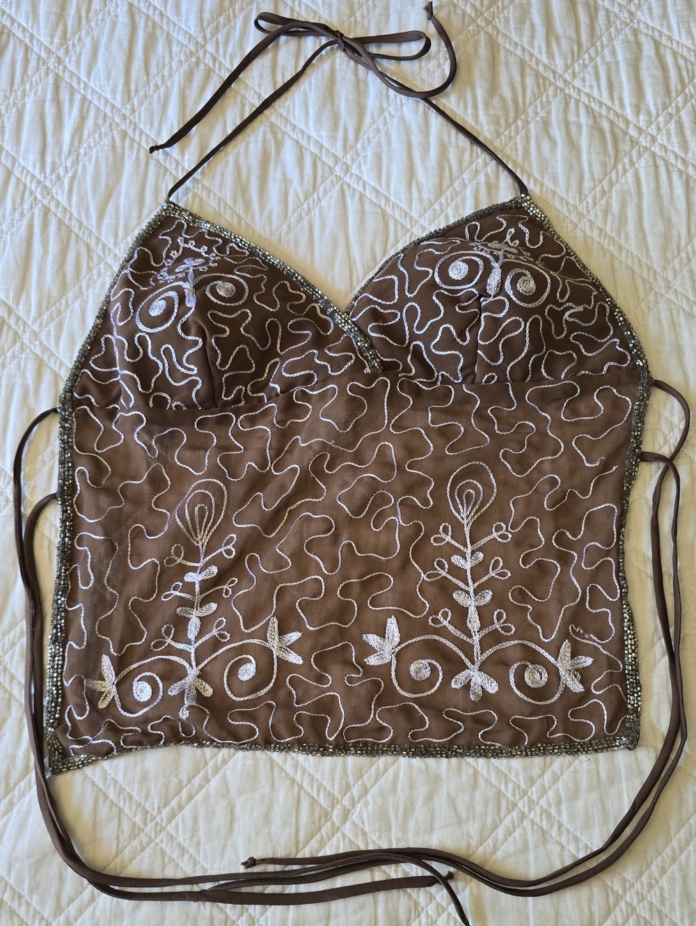 VTG Y2K Seduction Brown Beaded Halter Top Fairycore Grunge Whimsigoth Size M
